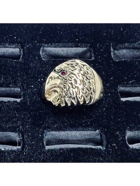 Vtg 18k Yellow Gold Electroplate And Red Rhinestone Eagle Head Men's Ring (R406)
